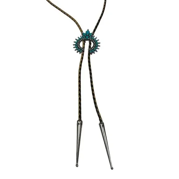 Boho Western Faux Turquoise Bolo Tie Necklace Squash Blossom Brown Tan Rodeo - Picture 2 of 5